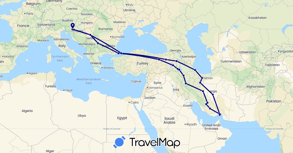 TravelMap itinerary: driving in Croatia, Iran, Serbia, Slovenia, Turkey (Asia, Europe)